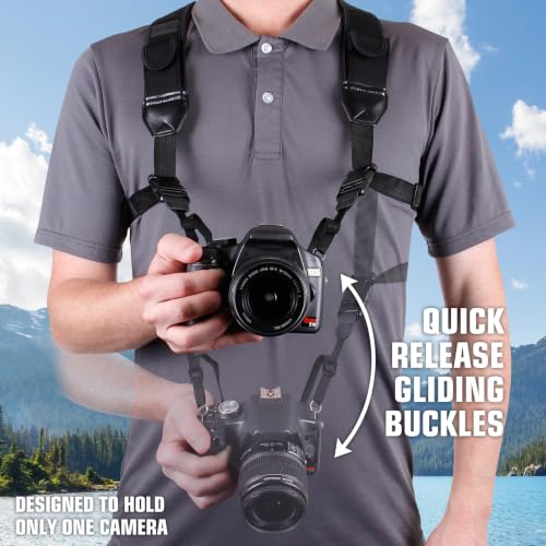 Image of USA Gear DSLR Camera Strap Chest Harness with Quick Release Buckles, Black Neoprene Pattern and Accessory Pockets - Compatible with Canon, Nikon, Sony and More Point and Shoot and Mirrorless Cameras