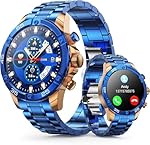 OHUGNA Men's Smart Watch Round HD 1.53" Gold Blue Smart Watches for Men, Multiple Sports Modes, Bluetooth Voice Call. Available for iOS and Android (Blue)