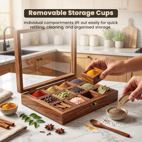 Image of Wooden Spice Box for Kitchen | Sheesham Wood Masala Dabba with 12 Containers | Spice Organizer with Glass Lid, Safety Lock & Wooden Spoon | Masala Dani /Namak Dani Storage Box for Home & Kitchen