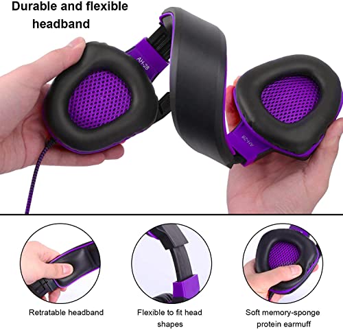 Anivia Computer Over Ear Headphones Wired With Mic Stereo Gaming Headset Noise Isolating Headsets With Volume Control, Bass Surround, Soft Memory Earmuffs For Multi-Platform -Ah28Plus Black Purple #TOP3