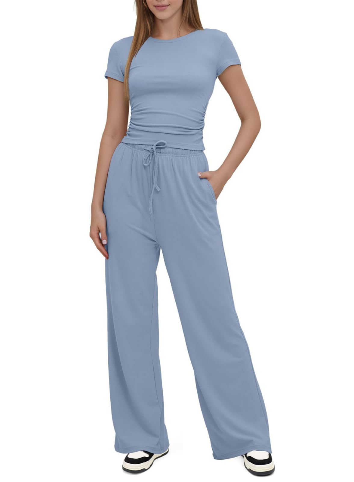 SotRongSummer 2 Piece Outfits Women Lounge Wear Sets Ruched Short Sleeve Crop Tops and High Elastic Waisted Wide Straight Leg Pants Tracksuit Activewear Casual Leisure Wear Sets