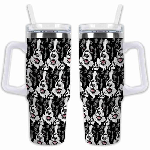 GABSHAIM Stainless Steel Tumbler Many Border Collie Dog Faces Heads Coffee Cup 40oz Thermal Insulated Travel Mug with Handle Straw & Lid, Double Sided For Dog Puppy Lovers Style 3