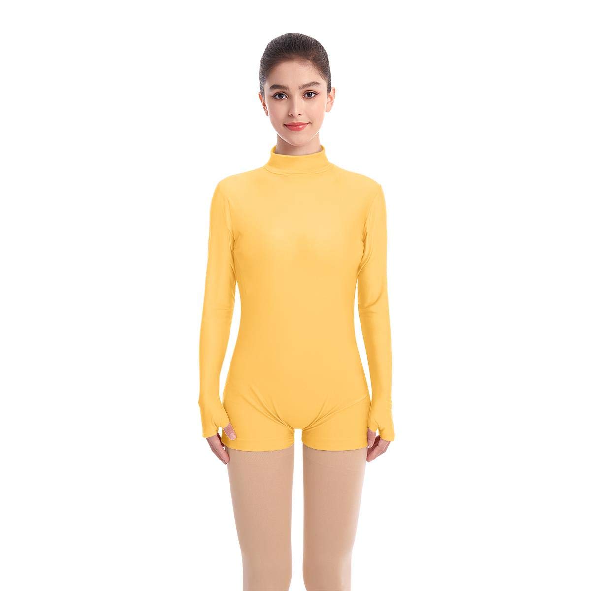 IBAKOM Women's Mock Neck Long Sleeve Lycra Spandex Leotard Bodysuit Gymnastic Yoga Ballet Dance Costume Yellow L