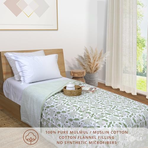 Image of TOAIArt Premium Jaipuri Dohar | AC Blanket Summer Quilt | Hand Block Printed | 3 Layers | Reversible | 150GSM 100% Mulmul Cotton | 100% Cotton Flannel Filling | Single 60 inch X 90 inch |Green Kalamkari