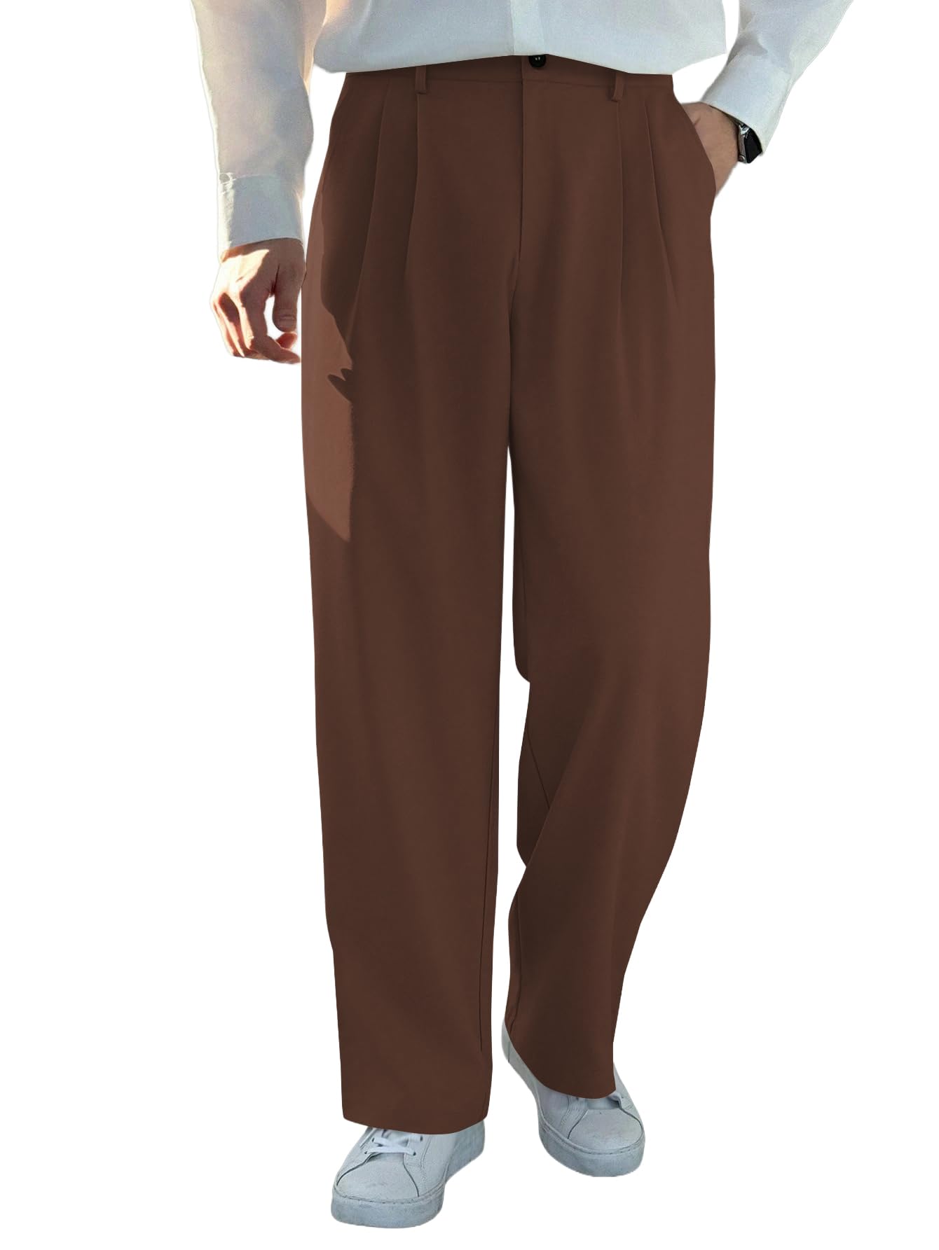 SASSAFRAS Menâ€™s Wide Leg Pleated Trousers Loose Fit Straight Leg Dress Pants, Classic Formal Office Wear Business Casual Slacks in neutral
