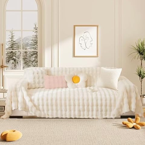 AIRFUN Plush Couch Cover Blanket,Fluffy Sofa Throw Blanket Faux Fur Soft Warm Throws Cover Blankets for Bed Sofa,75"x134",Beige Cover