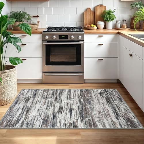 3x5 Grey Brown Modern Abstract Rug for Farmhouse, Super Soft Washable Rug with Non-Slip, Low-Pile Indoor Door Area Rug for Living Room Bedroom, Carpet with Non-Shedding