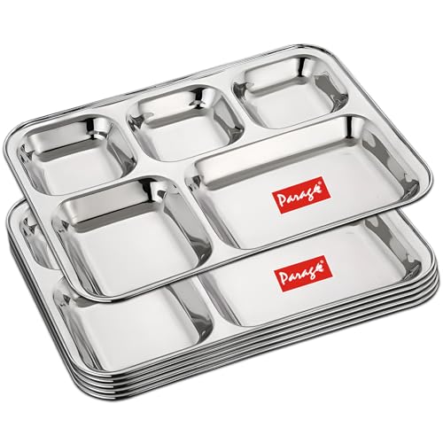 Parage 6 Pieces Stainless Steel 5- Compartment Thali Set/Dinnerware/Dinner Plate Set/ 5 in 1 Partition Thali/Kitchenware for Home, Restaurants, Family Use, Bhojan Thali (Silver)