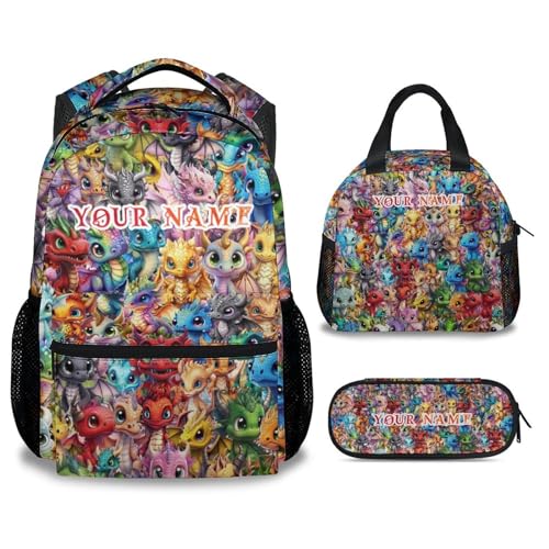Custom Dragon Kids Backpack with Lunch Box, Set of 3 School Backpacks Matching Combo, Cute Colorful Bookbag and Pencil Case Bundle