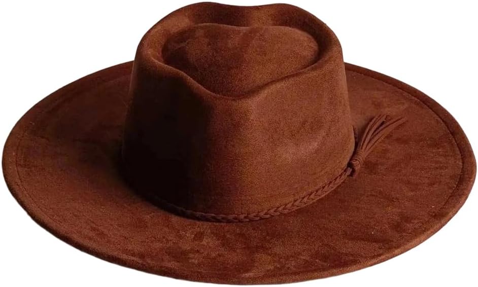 Womens Vegan Suede Fedora Hat Wide Brim Heart Crown Design Dress Cap