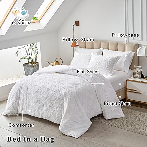 7 Pieces Tufted Bed in a Bag Queen Comforter Set with Sheets White, Soft and Embroidery Shabby Chic Boho Bohemian, Luxury Solid Color with Diamond Pattern, Jacquard Tufts Bedding Set for All Season - Image 6