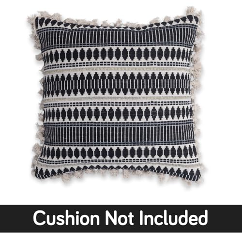 Image of HOKIPO 'Artisan Boho Series' 450 GSM Cushion Cover with Tassels | Cotton Acrylic Jacquard | 16x16 Inch (40x40 cm) | Pack of 2, Charcoal Black (IN-905-A3*2)