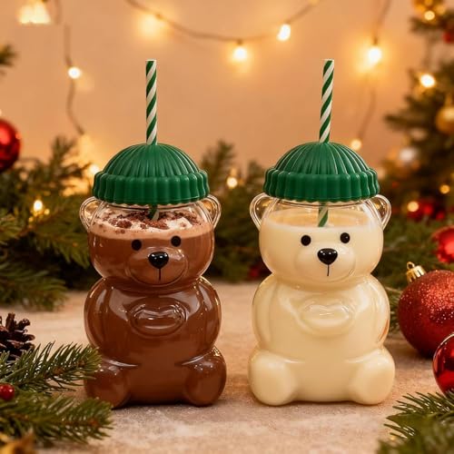 Image of NYRWANA Bear Glass Cup with Straw & Lid | 20oz (600ml) Cute Bear Glass Tumbler | Reusable Straw | Leak-Resistant Lid | Coffee, Bubble Tea, Smoothies, Juice & Water Cup (Green)