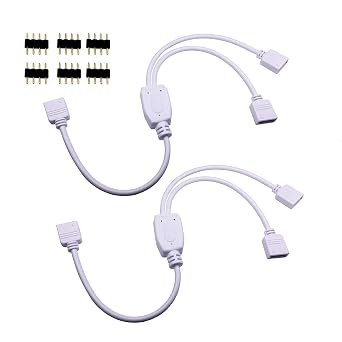 RGBZONE 2 Pack 1 to 2 RGB Splitter Cable 4 Pin, White, 6 Male Plugs