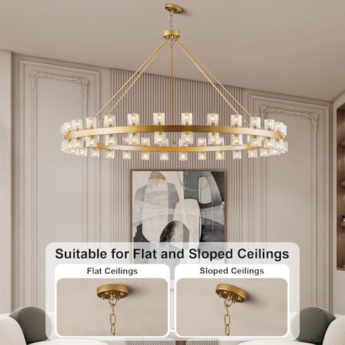 Image of 60 Inch Gold Wagon Wheel Chandelier with Crystal Shade, 60 Lights, Modern Farmhouse Style, Ideal for Dining Room, Kitchen, Entryways