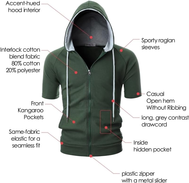 Ohoo Mens Slim Fit Zip up Hoodie Cotton Blend Soft Fabric Short Sleeve Lightweight Comfy Basic Jacket with Kanga Pocket