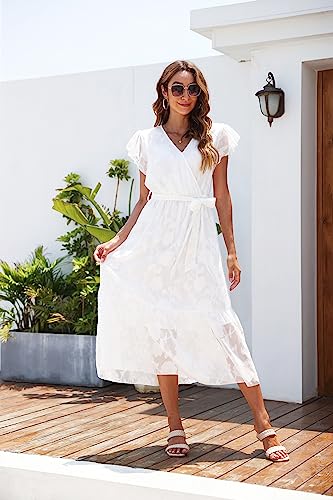 Image of VintageClothing Womens Sundress Casual Floral Summer Boho Dress | Flowy Wrap V Neck Ruffle A-Line Pleated Hem Midi Dresses