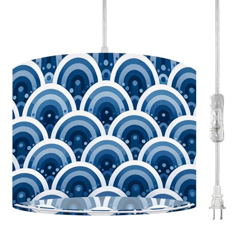 RAINFALLARING Plug in Pendant Light Art Deco Geometric Arcades Classic Blue Color Palette Hanging Lamp with Clear Cord Fabric Shade Dimmable Switch for Bedroom Kitchen Living Room Light Fixtures