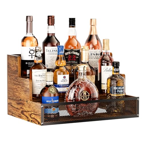 3 Step Countertop Liquor Bottle Display Shelf, Wood Bar Shelves 12 Bottles with Fences, Freestanding Storage Shelves for Liquor Whiskey Wine Coffee Syrup Display, Retro Wine Rack Home (Patent Pending)
