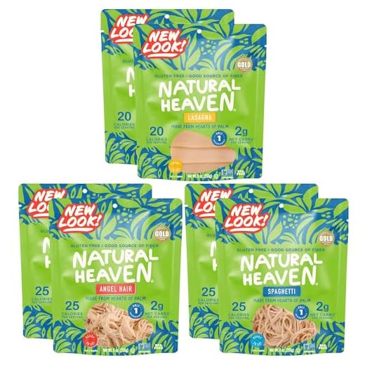 Natural Heaven Pasta Substitute Sampler | 2 Angel Hair | 2 Spaghetti | 2 Lasagna Hearts of Palm Noodles | 6 Count 9 oz | Keto | Paleo | Vegan | Plant Based | Low Carb |