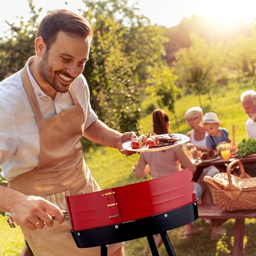 Relaxdays Holzkohlegrill mit Rollen, Ø 42 cm, Picknickgrill Garten & Park, Griller, Windschutz, Rundgrill, schwarz/rot – Bild 3