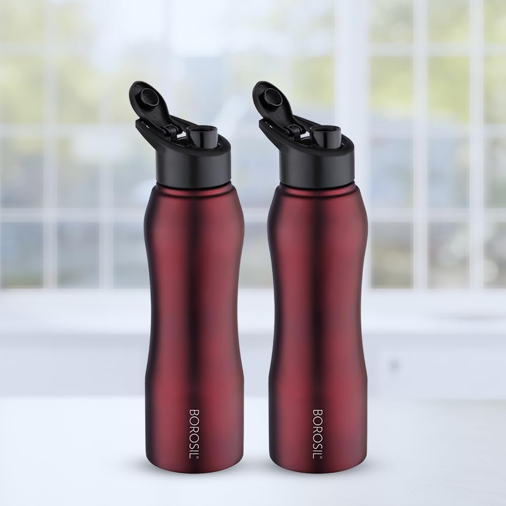 Borosil Hydra Grip-n-Sip Stainless Steel 750 ml Water Bottle | Single Wall, Leakproof, BPA Free| Bottle for Office, School, College & Gym | Maroon (Pack of 2)