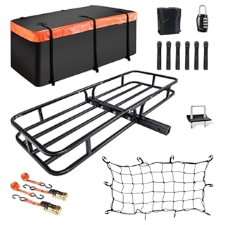 MeeFar Hitch Mount Cargo Carrier Basket 53" x19" x 5"+Waterproof Cargo Bag (51" x17"x 18"), Hauling Weight Capacity of 500 Lbs fit on 2 Inch Receiver with Hitch Stabilizer,Net and Straps
