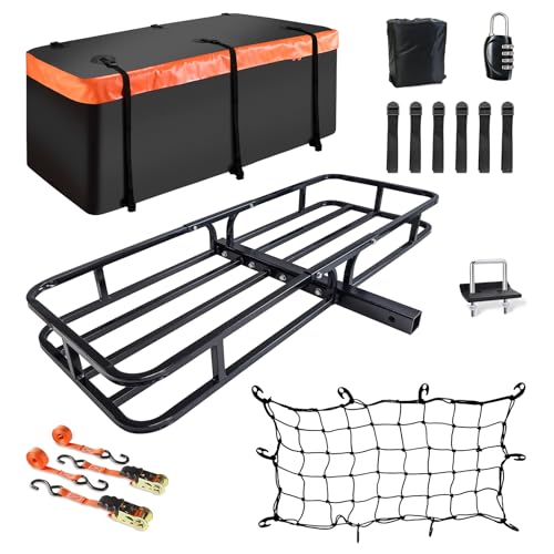 MeeFar Hitch Mount Cargo Carrier Basket 53' x19' x 5'+Waterproof Cargo Bag (51' x17'x 18'), Hauling...