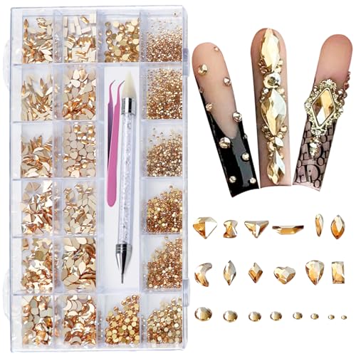 AMLAVIFISH Gold Rhinestones for Nails, 6080Pcs Gold Nail Art Rhinestones Kit, 3D Flatback Crystals Diamonds for Nail Art Design, Mix Sizes Nail Charms and Gems(Picking Pen and Tweezers Included)