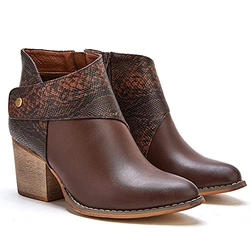 Tinstree Ankle Boots For Women Low Heel,Women Zip Boots Chunky Heel Snake Skin Pattern Retro Western Point Toe Classy Leather Pu Shoes Bootie Synthetic Sole Casual Brown,10 #TOP2