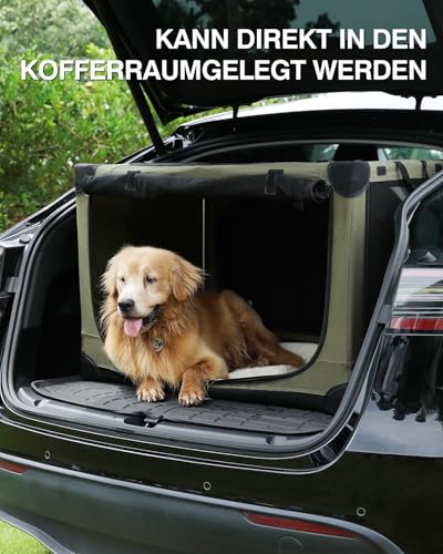 derimkcoa Hundebox faltbar für mittlere Hunde,Hundetransportbox Auto mit verstellbarem Design, reißfesten Netzfenstern & Plüsch-Betteinlage für Zuhause & Reise,76 * 54 * 54cm,Grün