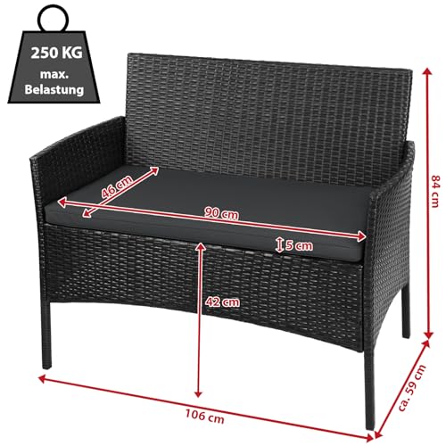 Poly Rattan Sitzgruppe 4 Personen Tisch 2 Stühle Sitzbank 5cm Dicke Sitzpolster Balkonmöbel Set Sitzgarnitur Balkon Terrasse Garten Outdoor, Farbe:Titan-Schwarz/Nachtschwärmergrau – Bild 5