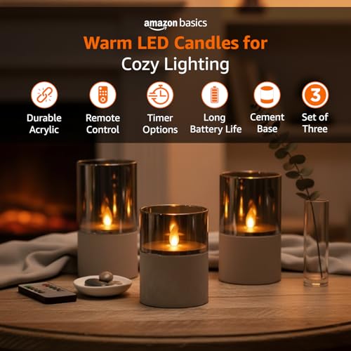 Image of amazon basics LED Pillar Candles, Set of 3 (7.5X10 CM, 7.5X12.5 CM, 7.5X15 CM), Dark Tint Glass with Cement Base, Flameless Flickering, Remote & Timer, Indoor Decorative Lighting