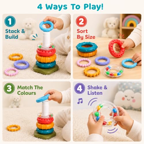 Image of Intellibaby Multi-Sensory Ring Stacker for Babies 6+ Months, 8 Colourful Textured Rings, Easy Grip Stacking Toy, Sensory Play, Fine Motor Skills, Colour Recognition, BIS Certified, Ideal Gift