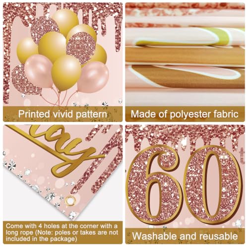 Image of Excelloon 60th Birthday Banner Decorations for Women | Pink Rose Gold Happy 60 Birthday Yard Banner Party Supplies, 60 Year Old Bday Background Sign for Outdoor Indoor