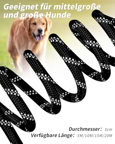Joytale Schleppleine für Hunde, Starke Hundeleine Große Mittlere Hunde, Reflektierende 5m 10m 15m 20m Lang, Gepolsterter Griff, Abschließbarer Karabiner (Schwarz, 10m)