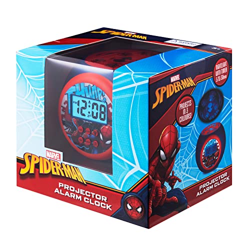 Marvel Spider-Man Projector Alarm Clock for Kids - with Snooze Alarm Function, Night Light with Timer, LCD Screen, Battery Operated - Amplify, Red