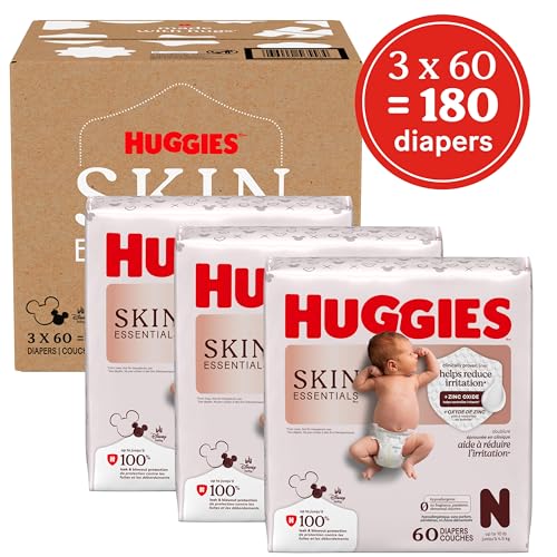 Image of Huggies Size Newborn Diapers, Skin Essentials Baby Diapers, Size Newborn (6-9 lbs), 180 Count (3 Packs of 60), Packaging May Vary