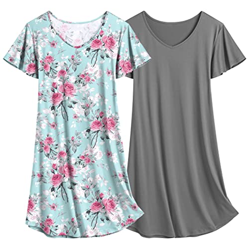 Image of Ekouaer 2 Pack Nightgowns for Women Short Sleeve Nightshirt Soft Sleepdress