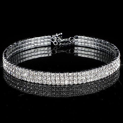 Yolev Choker Silber 3 Drainage Diamant Halsketten Silberne Strass Choker Halskette Funkelnde Kristall Choker Halsband Damen Schmuck Party Abschlussball Accessoires für Mädchen