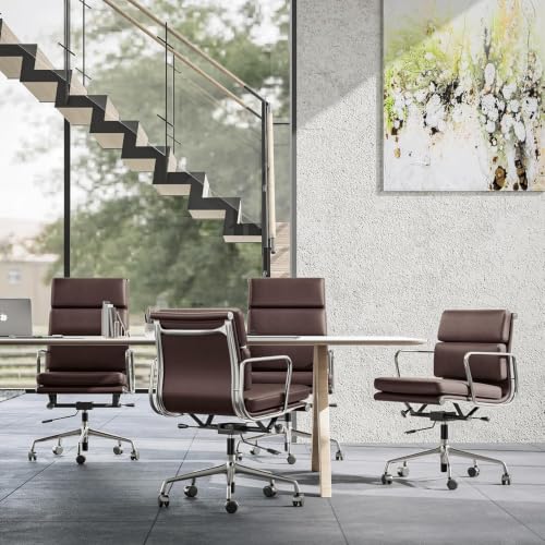 Image of Genuine Leather Office Chair, Mid Back Executive Desk Chair | Real Leather, Lumbar Support, height adjustable, tilt lock, polished aluminum base for 350lb, silent casters, timeless Design