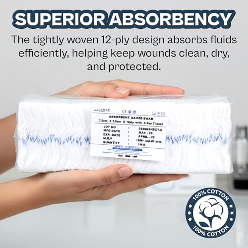 Image of LIFEMED Non-Sterile Gauze Swab 7.5cm x 7.5cm x 12Ply with X-Ray Detectable Thread - High-Absorbency Medical Dressing for Wound Care, Surgical Use & First Aid (Pack of 100 Swabs)