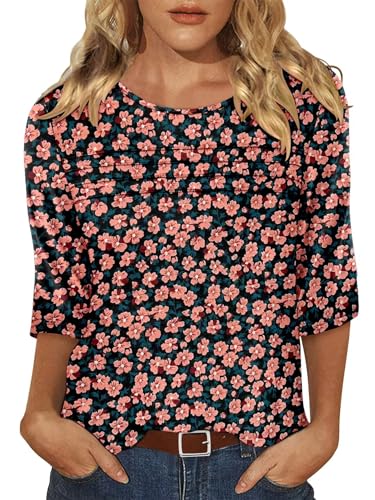 KISSMODA Women's Casual 3/4 Sleeve T-Shirts Round Neck Cute Tunic Tops Basic/Pleated Summer Tops Trendy Spring Blouses