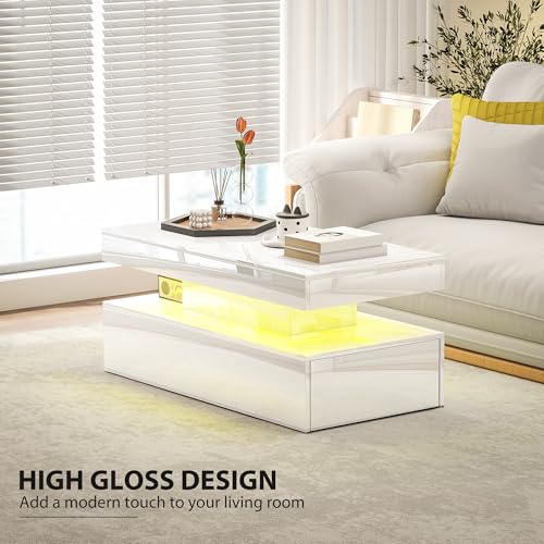 HOMCOM LED Coffee Table with Storage, Modern High Gloss Living Room Table with 2 Drawers, Open Shelf and Remote Control, White - Image 6