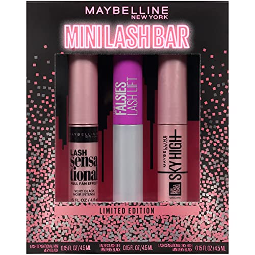Maybelline The Falsies Holiday Mini Lash Bar Washable Mascara Kit, Eye Makeup, 3 Mini Mascaras, Lash Sensational Mascara, The Falsies Lash Lift Mascara, Sky High Mascara, Very Black, 1 kit