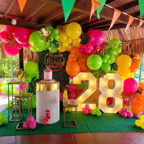 Image of Tropical Balloons, 12 Inch Hawaiian Balloons Teal Hot Pink Orange Yellow | Metallic Gold Balloons for Luau Aloha Hawaiian Beach Summer Birthday Pool Baby Shower Party Decorations