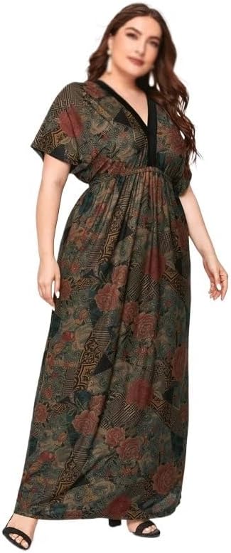 JSEIAJB Retro Printing Dress Women V Neck Short Sleeve High Waist Maxi Long Dresses Deep V Backless Party Dress