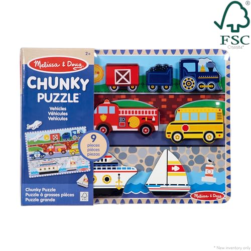 Image of Melissa & Doug Vehicles Wooden Chunky Puzzle (9 pcs), Educational Screen Free Activity for Toddler, Preschoolers And Kids Ages 2+- FSC Certified