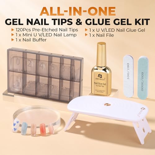 Image of UNA GELLA Medium Square Gel Nail Tips Kit, 120Pcs Nail Tips with Nail Glue | Pre Etched Fake Nails, Mini LED Nail Lamp for Nails Extension DIY Salon at Home 12 Sizes