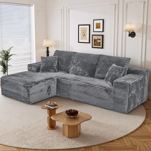 Image of 108 inch L Shaped Boneless Sectional Couches for Living Room, Comfy Corduroy Floor Cloud Sofa with Chaise, Wide Armrest, Deep Seat, Memory Foam, Assembly Free, Ideal for Small Spaces, Grey